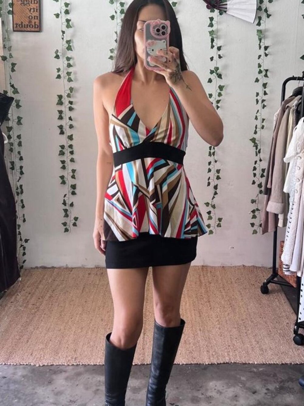 Y2K red black blue white and beige geometric print halter top size M